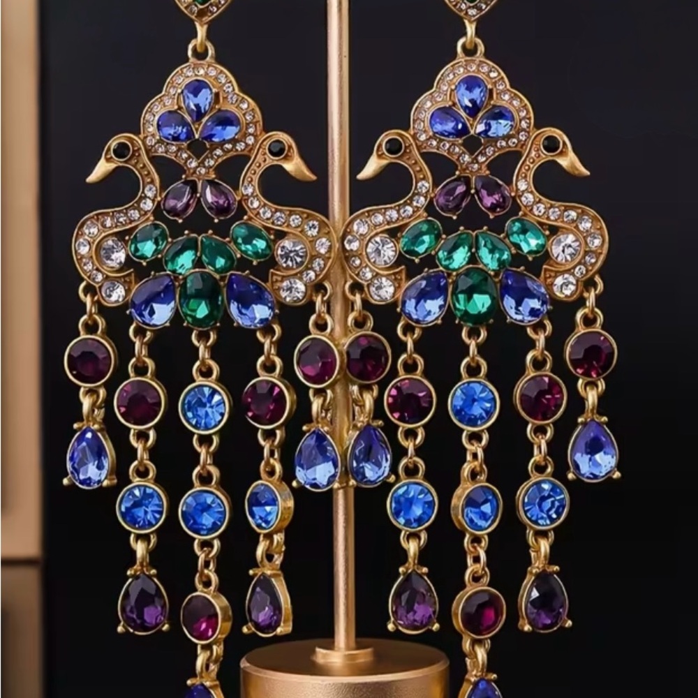 Elegant Gold and Jewel-Toned Peacock chandelier earrings